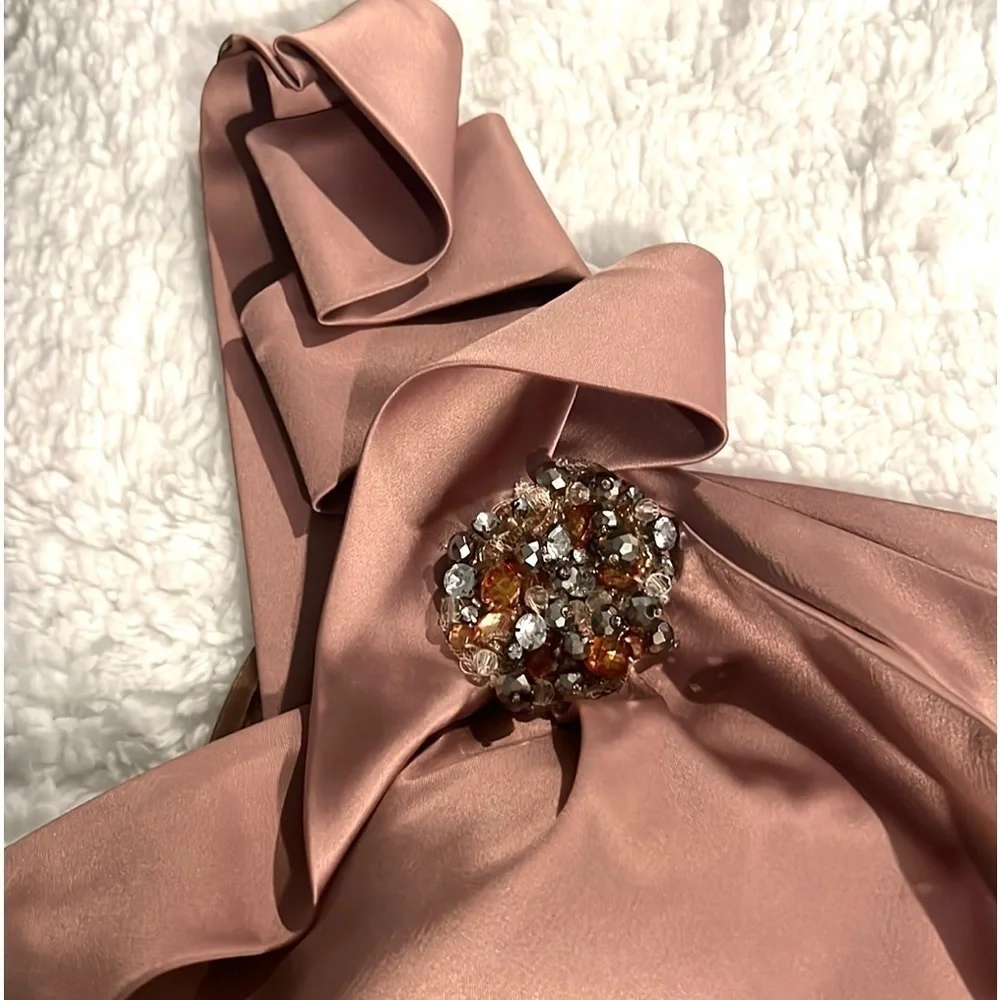 Cachet, Rose Gold Embellished One-Shoulder Dress, Side Zip, Ribboned Waist, 16